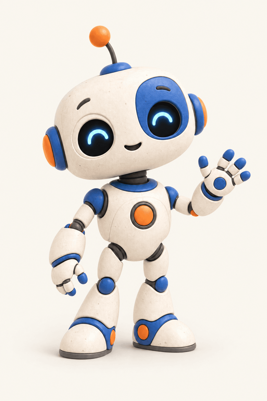 A friendly blue and orange robot mascot waving hello